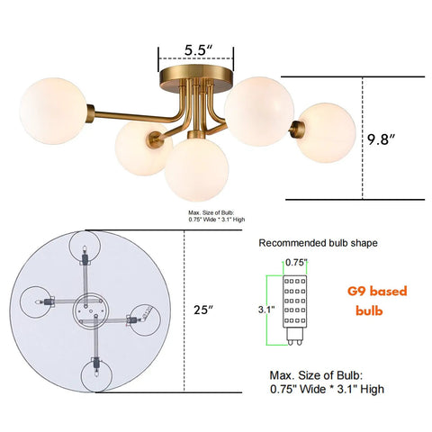 Dimensions and bulb details of Gold Sputnik Ceiling Light Fixture With Globe Shades for home lighting