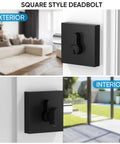 Heavy-Duty Matte Black Door Lever Set square style deadbolt exterior and interior view.