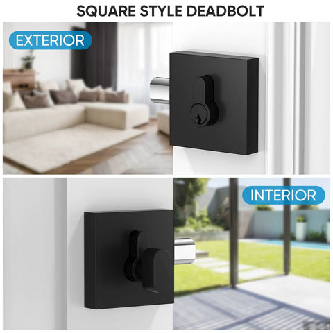 Heavy-Duty Matte Black Door Lever Set square style deadbolt exterior and interior view.