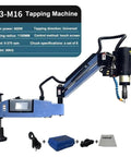 Pro Grade Electric Tapping Machine With Auto Oil Sprayer And Eight Piece Tap Collet Set 1100mm Long Arm showing touch screen and components.