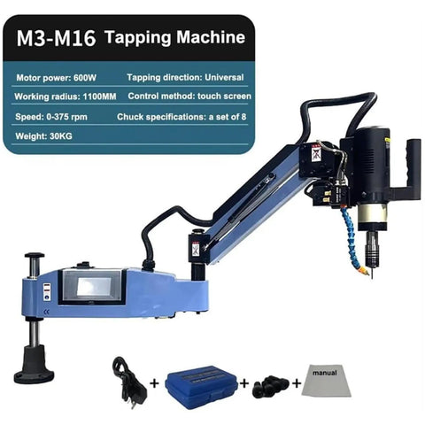 Pro Grade Electric Tapping Machine With Auto Oil Sprayer And Eight Piece Tap Collet Set 1100mm Long Arm showing touch screen and components.