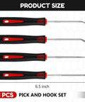 4 Piece Auto Mechanic Pick And Hook Set Pro Grade Grab And Go Tools For Quick Car Oil Seal Removal Includes 135 Degree Curved Hook 90 Degree Hook 45 Degree Hook Sharp Drill 6.5 Inch Red Handles Built To Last In Tight Spots., 4-piece 6.5 inch pick and hook set with red handles shown in size view