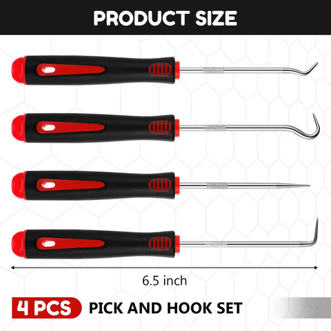 4 Piece Auto Mechanic Pick And Hook Set Pro Grade Grab And Go Tools For Quick Car Oil Seal Removal Includes 135 Degree Curved Hook 90 Degree Hook 45 Degree Hook Sharp Drill 6.5 Inch Red Handles Built To Last In Tight Spots., 4-piece 6.5 inch pick and hook set with red handles shown in size view