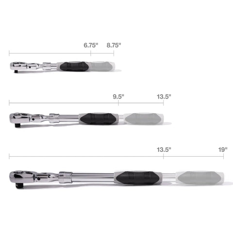 Extendable Flex Head Ratchet Tool Set Three Piece Pro Grade With 1/4 3/8 And 1/2 Inch Drives sizes and extending handles