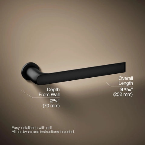Avid Towel Arm Matte Black Open Ended Design with dimensions: 9-15/16 in length, wall depth 2-3/4 in; easy-installation focus.
