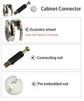 Close-up of 50 Pack 3 In 1 Furniture Screw Connector Bolts And Nuts Assortment Kit showing wheel, rod, and nut components