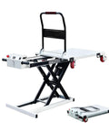 Heavy Duty Battery Powered Hydraulic Lift Table With Slide Rails For Trucks And Garages Offers 1100 Lb Capacity showing lifting mechanism and controls.