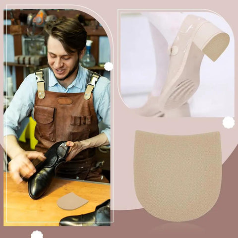 Two Pairs Heel Repair Rubber Pads For Shoes And Boots, 0.14 Inch Thick Non Slip Replacement Soles Protectors, shown on workbench and shoe.