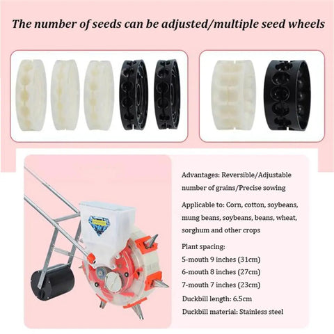 Seed Sower And Double Mouth Fertilizer Applicator For Garden Rows with multiple seed wheels and spacing details