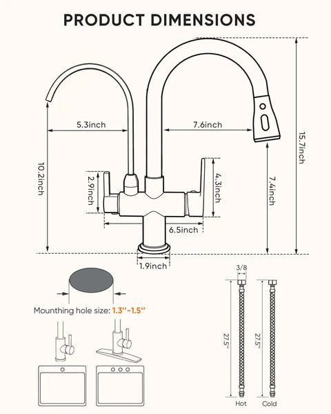 Kitchen Faucet 0196R dimensions illustration showing height, width, and mounting hole size for installation.