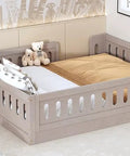 Full Size Wood Bed Frame With Safety Guardrail For Kids Kid Friendly Semi Enclosed Play Space Natural Pine Platform Bed