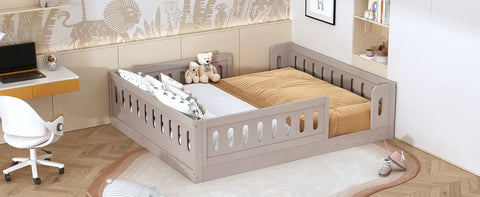 Full Size Wood Bed Frame With Safety Guardrail For Kids Kid Friendly Semi Enclosed Play Space Natural Pine Platform Bed