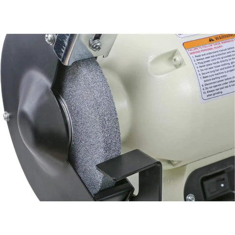 6 Inch Bench Grinder Model M1051, heavy duty grinding wheel close-up, durable cast iron body