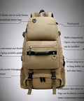 Khaki Lightweight Outdoor Daypack With Multi Layer Design For Easy Organization Ideal For Hiking Camping Climbing And Running Durable Polyester Build With Abrasion Resistant Bottom And Soft Inner Lining shown with compartments.