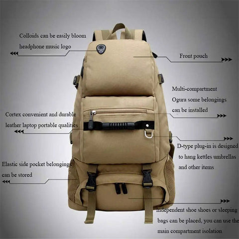 Khaki Lightweight Outdoor Daypack With Multi Layer Design For Easy Organization Ideal For Hiking Camping Climbing And Running Durable Polyester Build With Abrasion Resistant Bottom And Soft Inner Lining shown with compartments.