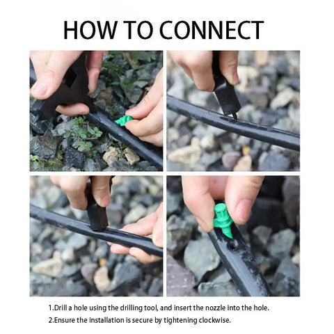 Installation of 150 Piece Drip Irrigation Emitter Set with Drill Tool Micro Sprinklers 90 180 360 Degree Nozzles visible