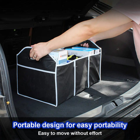 Large Capacity Car Trunk Organizer With Three Spacious Compartments Foldable Waterproof Storage Bag in an SUV trunk