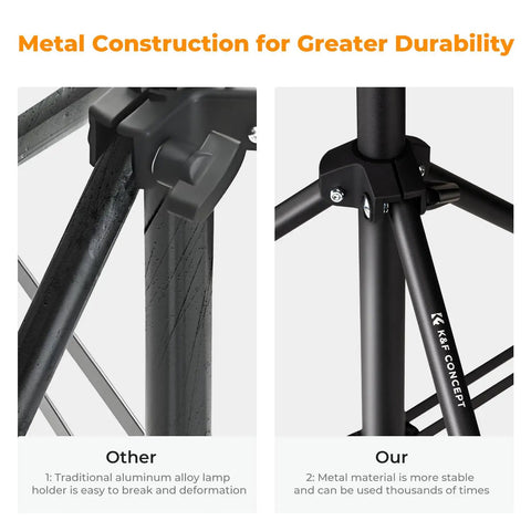 Comparison of metal construction durability on heavy duty light stand for photography with stable base and screw fitting.