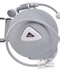 Retractable Garden Hose Reel With Wall Mount Auto Rewind System, 100 Foot Option, sleek gray design ideal for tidy yards.
