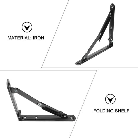 Heavy Duty Folding Black Iron Wall Brackets With Solid Support For Tough Durable Shelves, showing material iron, in folding position.