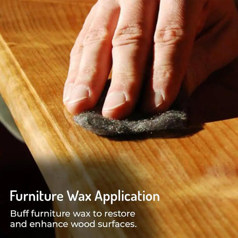 Hand using Fine 0000 Steel Wool Pads 16 Pack For Buffing Polishing Matte Finish Transformations DIY Friendly Metal Polish On Stainless Steel And Chrome Plus Furniture Wax Prep on wood surface