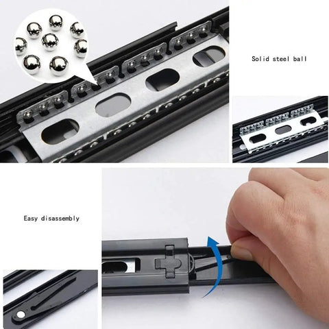 Two Piece Drawer Slides With Full Extension And Smooth Metal Ball Bearing Runners for quiet soft close, easy disassembly shown