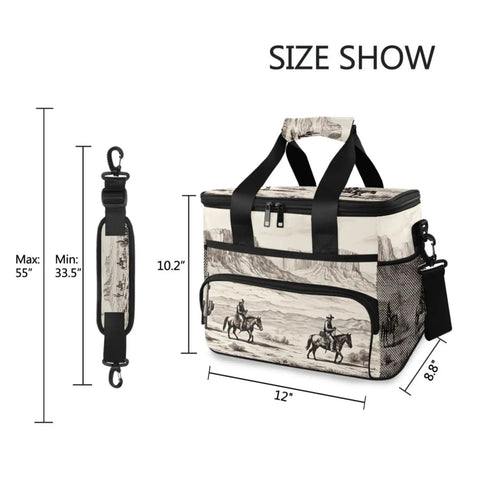 Desert Cowboys Insulated Lunch Bag With Shoulder Strap for Picnics Hikes Camping and Work On The Go 15L Capacity, shown with dimensions.