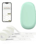 Slick Wireless Bluetooth Label Maker Machine With Three Self Adhesive Tapes And Portable Green Thermal Printer Kit and mobile app.