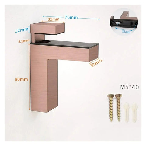 Close-up of bronze wall mount bracket with screws, dimensions labeled for Cabinet Shelf Clips 2 Pc Set For Wall Mount Frameless Brackets.
