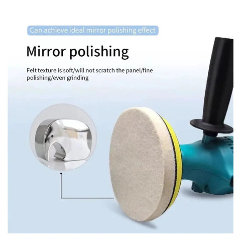 Close-up of Top-Tier Wool Felt Polishing Pads For 75-180mm Wheels on a rotary tool, ideal for mirror polishing stainless surfaces.