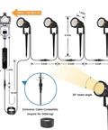 Diagram of 12V LED Outdoor Landscape Spotlight Kit with plug in waterproof transformer, showing cord length and setup.