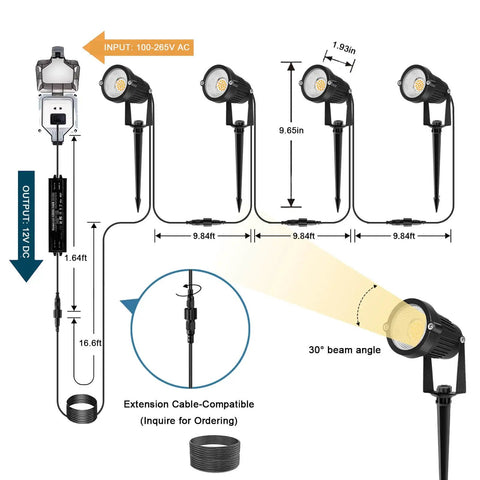 Diagram of 12V LED Outdoor Landscape Spotlight Kit with plug in waterproof transformer, showing cord length and setup.