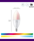 Smart Candle Bulb 40W Equivalent, E12 Base, Full Color, Dimmable, Indoor WiFi Connected, Voice or App Control, Motion Activated SpaceSense, Matter Compatible, 1 Pack, Easy Setup, Lit Color Options front view with size labels