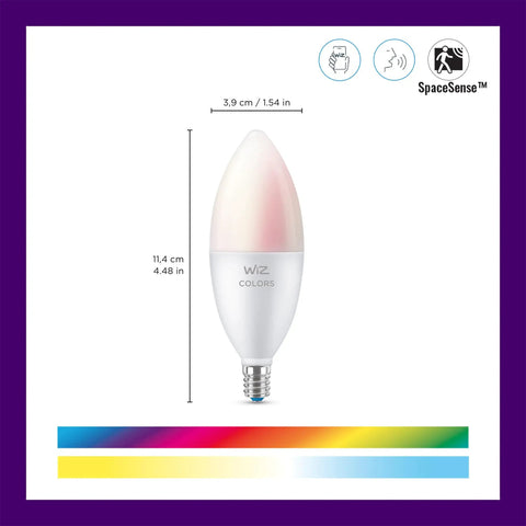 Smart Candle Bulb 40W Equivalent, E12 Base, Full Color, Dimmable, Indoor WiFi Connected, Voice or App Control, Motion Activated SpaceSense, Matter Compatible, 1 Pack, Easy Setup, Lit Color Options front view with size labels