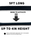 5ft long water activated flood barrier showing before and after activation, reaches up to 4 inches height with 3 minutes to activate.