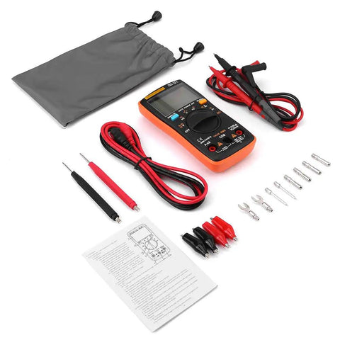 True RMS Digital Multimeter Go-To Tool For AC DC Voltage And Current with accessories including probes, cables, and carry bag.