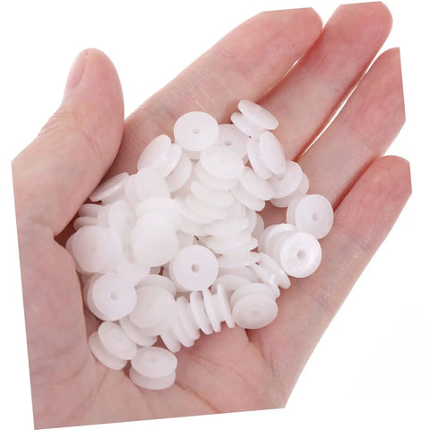 Hand holding Mini Plastic Pulley Kit For Motors And Models, 200 Pcs Belt Pulleys With 2mm Hole, smooth white plastic design