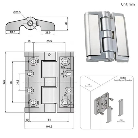 Tough As Nails Zinc Alloy Adjustable Limit Gate Hinge Reinforced With A Thickened Heavy Duty Frame technical drawing and dimensions