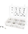 Heavy Duty Sixty Piece AGC Glass Fuse Assortment Kit With Solid Circuit Protection For Cars Trucks And Hot Rods, organized in a clear case.