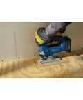 User cutting plywood with 18V Brushless Top Handle Jig Saw With 3500 No Load Strokes Per Minute Die Cast Aluminum Footplate With No Mar Overshoe.