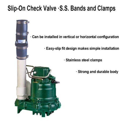 Front view of Hydro Master 2-inch plastic sump pump check valve with stainless steel clamps on vertical discharge pipe