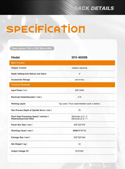 Specification sheet for Portable EDM Broken Tap Remover 3000W 110V SFX4000B Tap Removal Tool, detailing technical parameters and features.