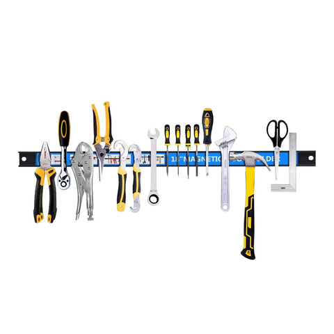Eight Pack 18 Inch Magnetic Tool Holder Set With Wall Mount Brackets And S Hooks Heavy Duty Tool Bar Rack For Wrenches Screwdrivers Spanners Blue