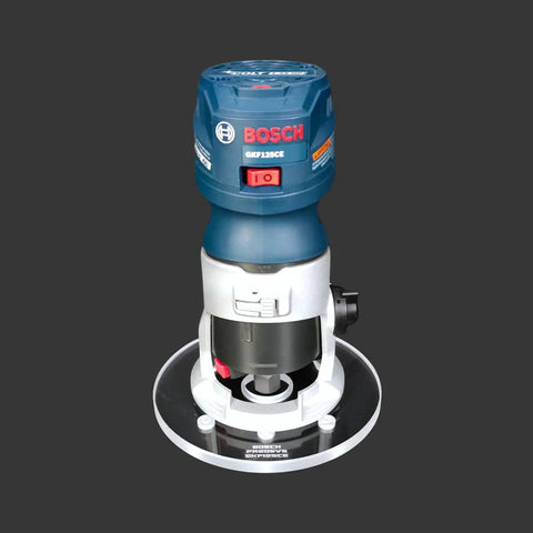 Heavy Duty 6 Inch Round Router Base Plate With Snappy Pre Drilled Holes Clear Acrylic Drop In Ready Fit For Bosch Colt Routers And Template Guides Made In USA Killer Woodworking Tool mounted on router.