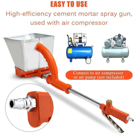 Real Deal Pneumatic Cement Sprayer With Four Hole Nozzle showing spray gun, metal hopper, and connection to air compressor.