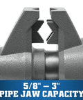 Multi-Purpose Bench Vise With 6-1/2 Inch Jaw Width And 6-1/4 Inch Opening, 3-1/4 Inch Throat, 360 Degree Rotating Head, Indexed At 30 Degree Increments, Replaceable Hardened Steel Jaws, Built-In Anvil, Serrated Jaws For Secure Grip. pipe jaws 5/8 to 3 inch