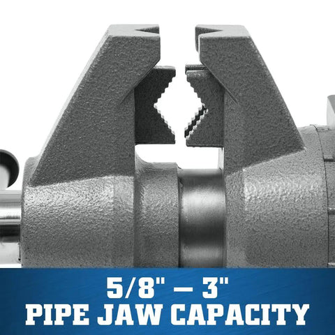 Multi-Purpose Bench Vise With 6-1/2 Inch Jaw Width And 6-1/4 Inch Opening, 3-1/4 Inch Throat, 360 Degree Rotating Head, Indexed At 30 Degree Increments, Replaceable Hardened Steel Jaws, Built-In Anvil, Serrated Jaws For Secure Grip. pipe jaws 5/8 to 3 inch