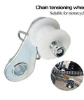 Top Notch Chain Tensioner Spring Roller Slider Guide Adjuster Wheel Pulley Kit For Dirt Pit Bike Moto ATV Quad Scooter Easy Install Super Durable Quality Replacement Parts That Make Your Ride Smooth And Rock Solid, chain tensioning wheel with white roller and metal bracket for motorcycle chain alignment