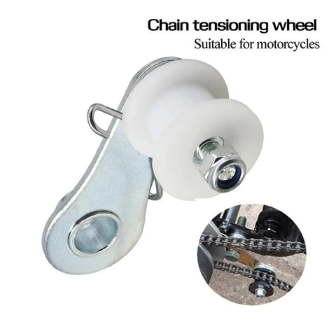 Top Notch Chain Tensioner Spring Roller Slider Guide Adjuster Wheel Pulley Kit For Dirt Pit Bike Moto ATV Quad Scooter Easy Install Super Durable Quality Replacement Parts That Make Your Ride Smooth And Rock Solid, chain tensioning wheel with white roller and metal bracket for motorcycle chain alignment