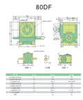 Technical diagram of Heavy Duty 80DF Cam Indexer Gearbox showing detailed measurements and specifications.